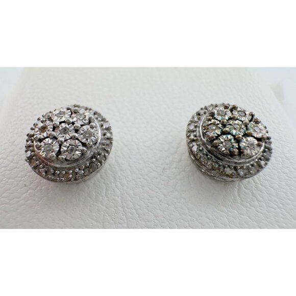 Natural Diamond Halo Stud Earrings in Sterling Silver - Picture 12 of 14